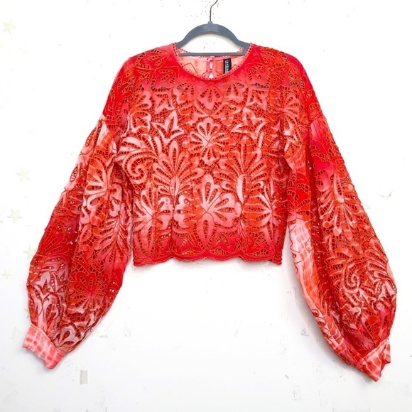 Continuum Tops - CONTINUUM Orange open eyelet balloon sleeve blouse